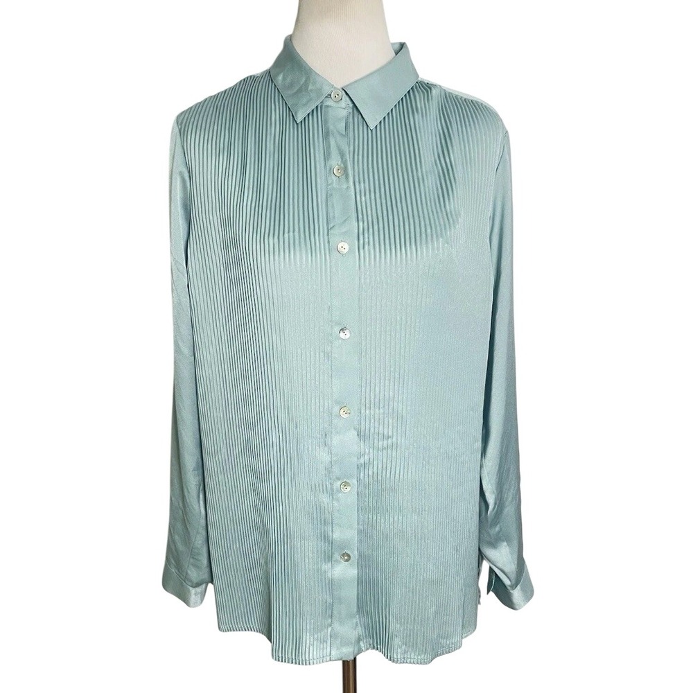 NWT J. Jill Lucite Blue Pleated Button Up Blouse Shirt Office Career Medium